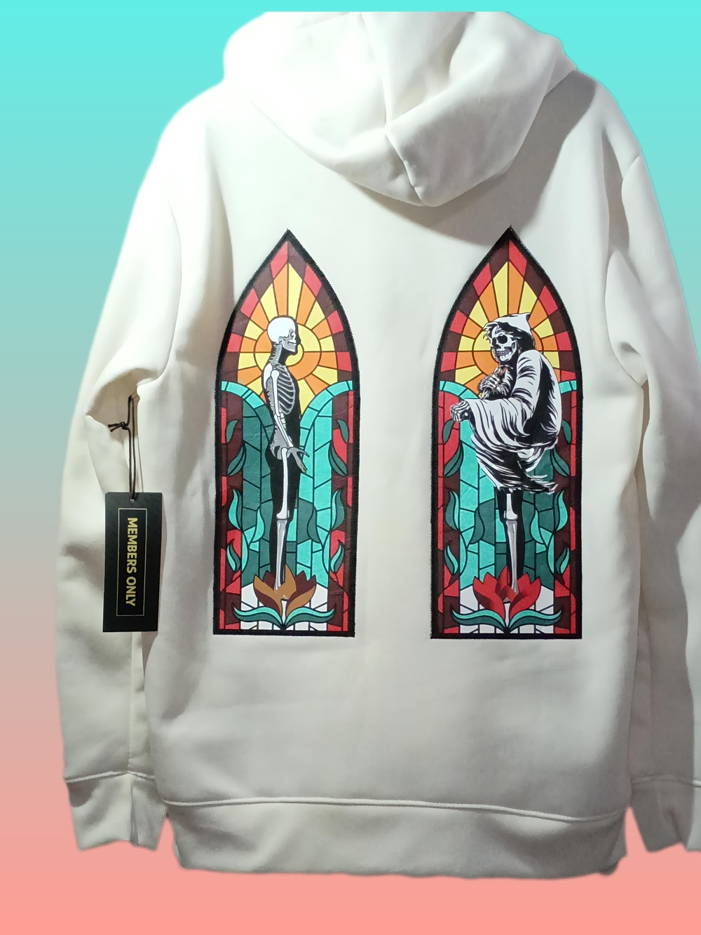Members Only White Hoodie with Colorful Stained Glass Skeleton Panels